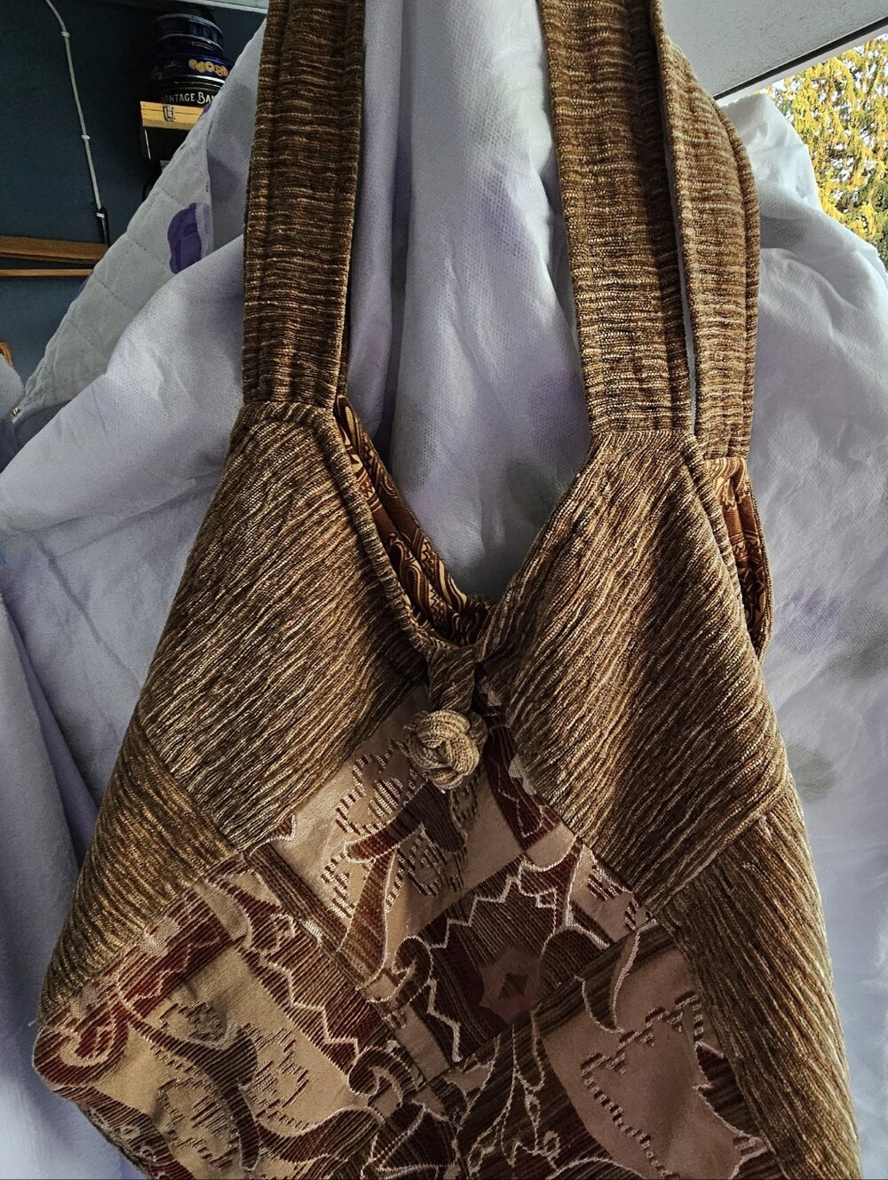 Handcrafted tapestry tote bag by Hsiu-Lin.